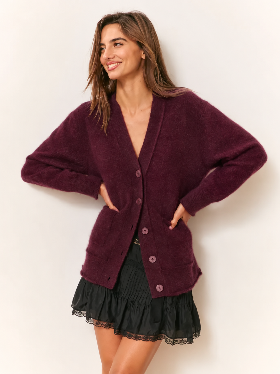 Love Shack Fancy - Applene Cashmere Cardigan in Merlot