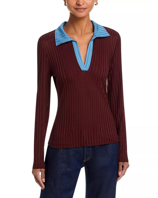 Rag & Bone - Natalia Colorblock L/S Polo in Chocolate Brown
