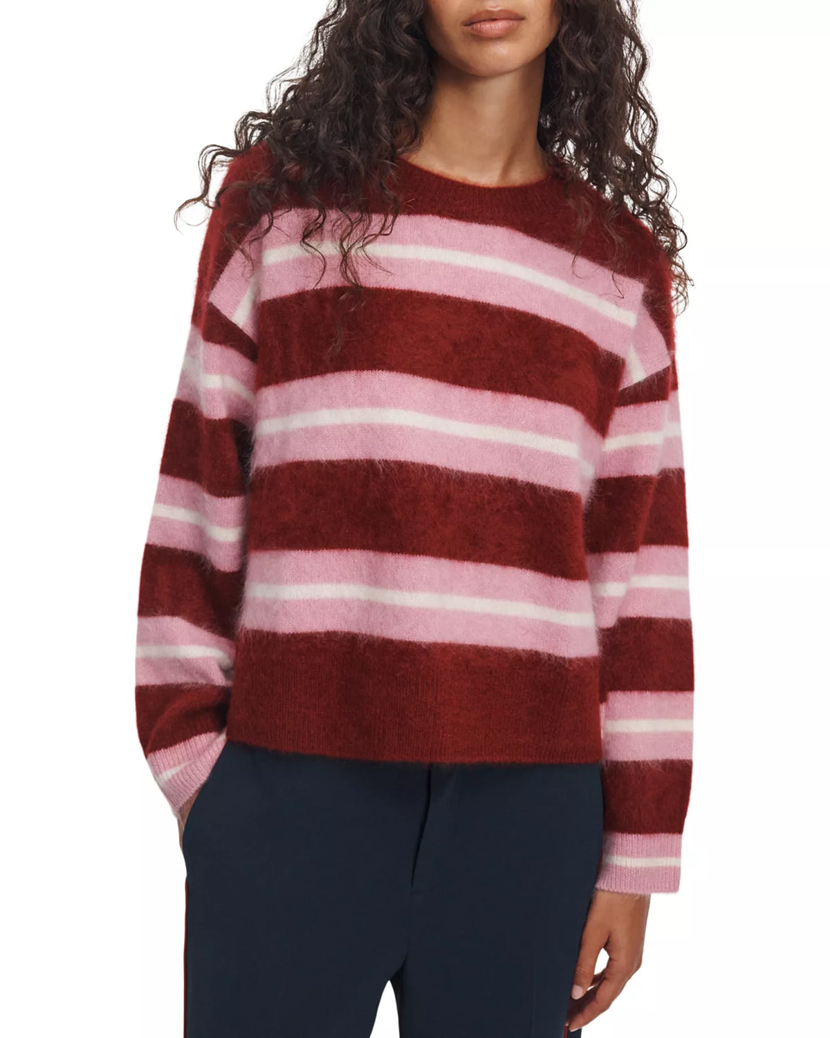 Rag & Bone - Jada Brushed Cashmere Striped Crewneck in burgundy multi