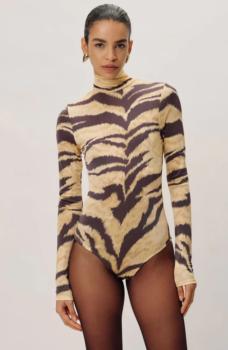 Ronny Kobo - Luca Bodysuit in Black & Tan tiger print