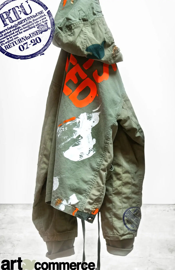 Unisex RTU TENT JACKET with vintage army tent with "ARTISTSWANTED" handthrown print and custom paint.