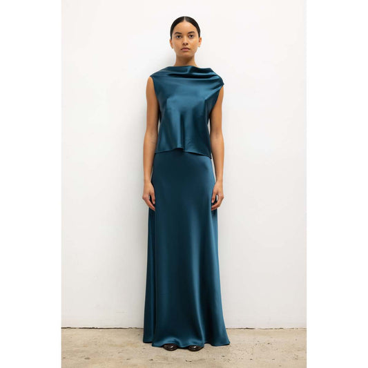 LESET Barb Bias Skirt in Pacific teal Japanese satin, styled with a matching draped satin top for a tonal look