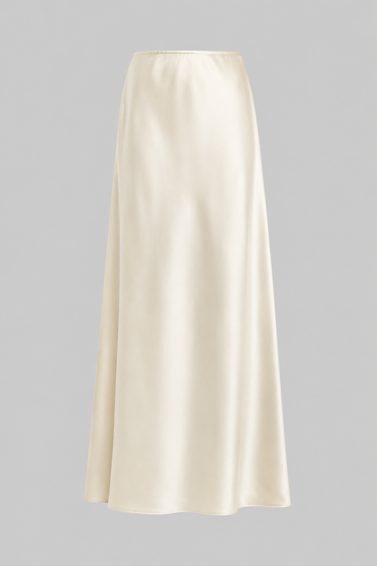 LESET Barb Bias Ankle Skirt in Creme Japanese satin with a fluid maxi-length silhouette and soft drape.