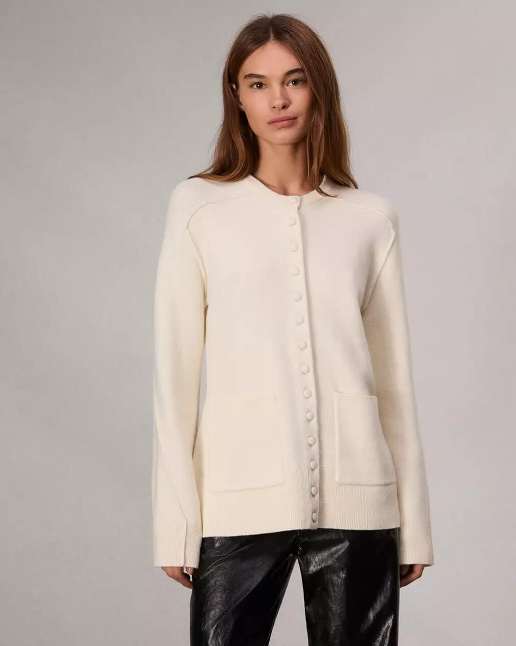 Bridget Long Crew Cardigan in Ivory