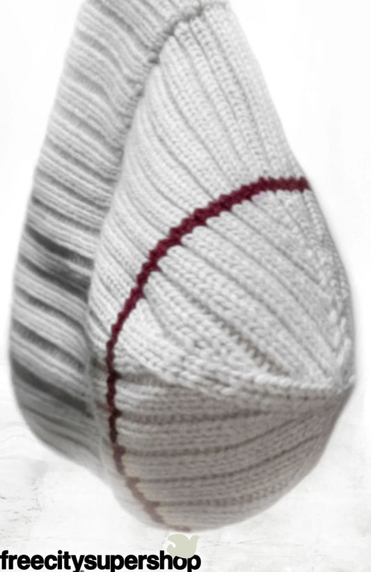 Unisex CASHMERE LUX FATCUFF hat in natural crafted with 100% cashmere made in Italy by Loro Piana® - with custom burgundy "SINGLE LINE" intarsia.