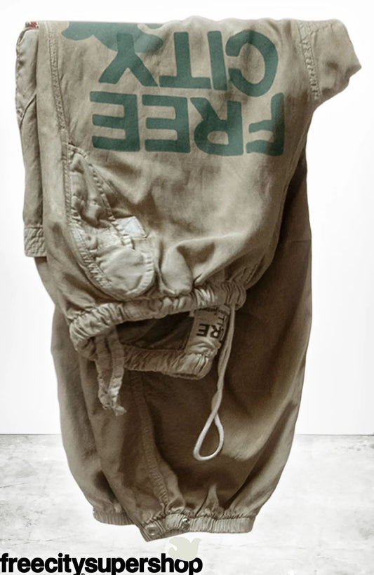 classic "FREECITY" print in surplus green with light green dove, custom flap side-pockets, 3d back pocket