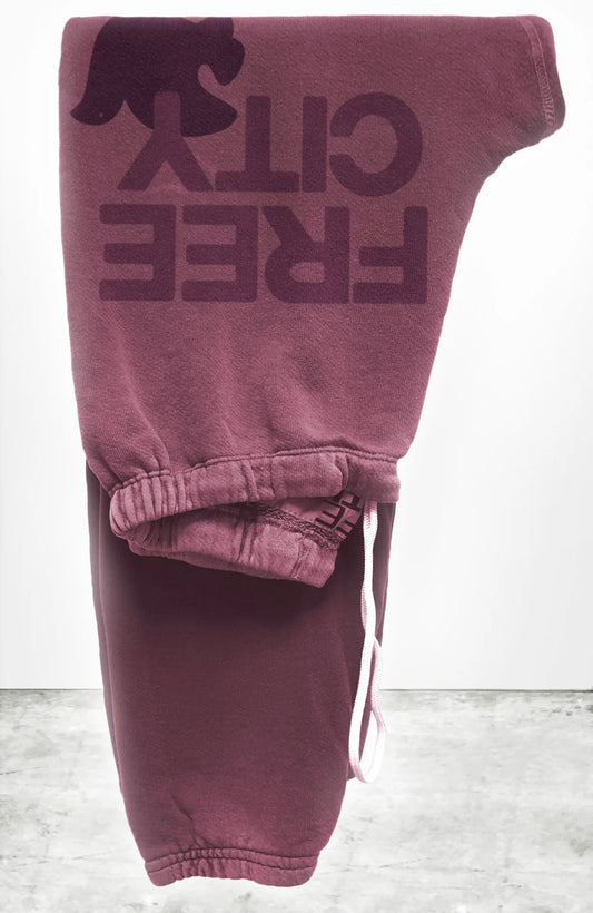 Unisex FLOW sweatpant in roses with classic "FREECITY" print in burgundy and tonal  "FREECITYDOVE," covered elastic waist and pull drawcord.