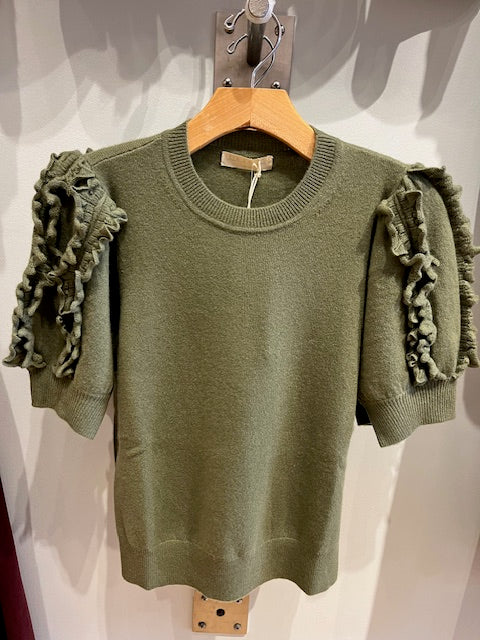 The Ulla Johnson Ottile Top in Lichen is a beautifully crafted blouse that combines a bold olive green with delicate, feminine details.