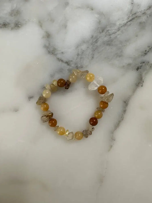 Yellow jade infused with labradorite, jade, and clear quartz. Mental clarity and removes toxins from the body. 