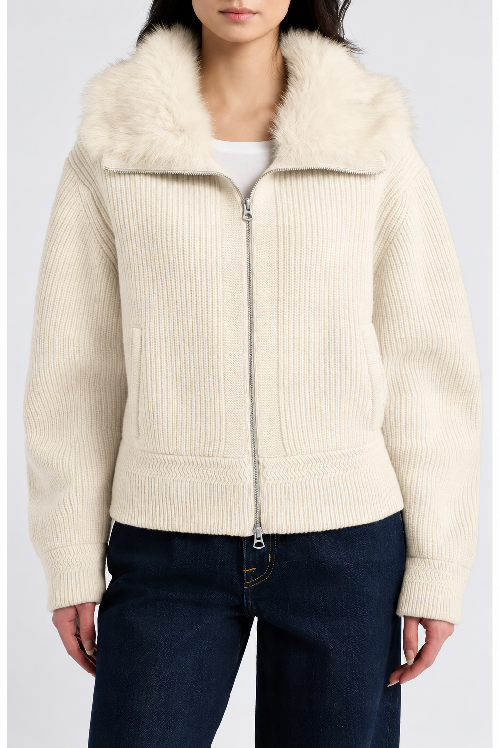 Rag & Bone - Amelia Faux Fur zip up sweater in Ivory