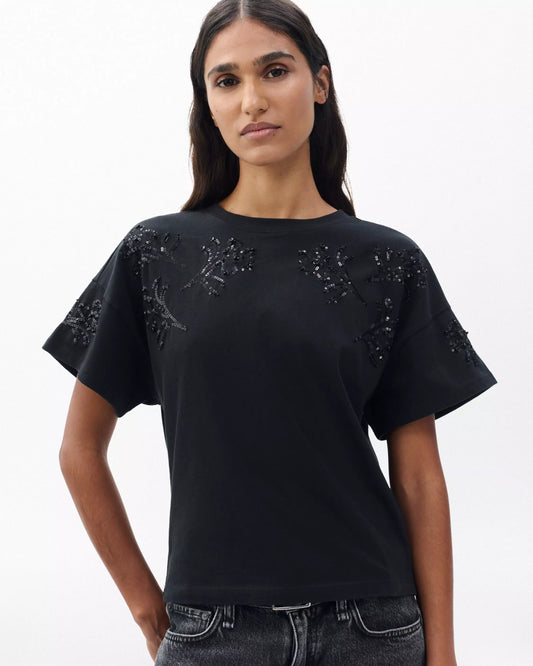 Rag & Bone - Boxy Beaded Floral Kelly Tee in balck