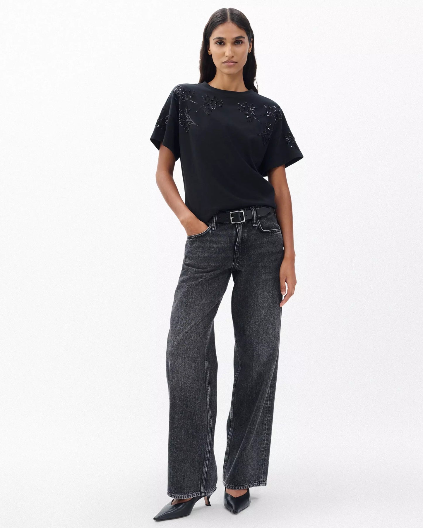Rag & Bone - Boxy Beaded Floral Kelly Tee in black