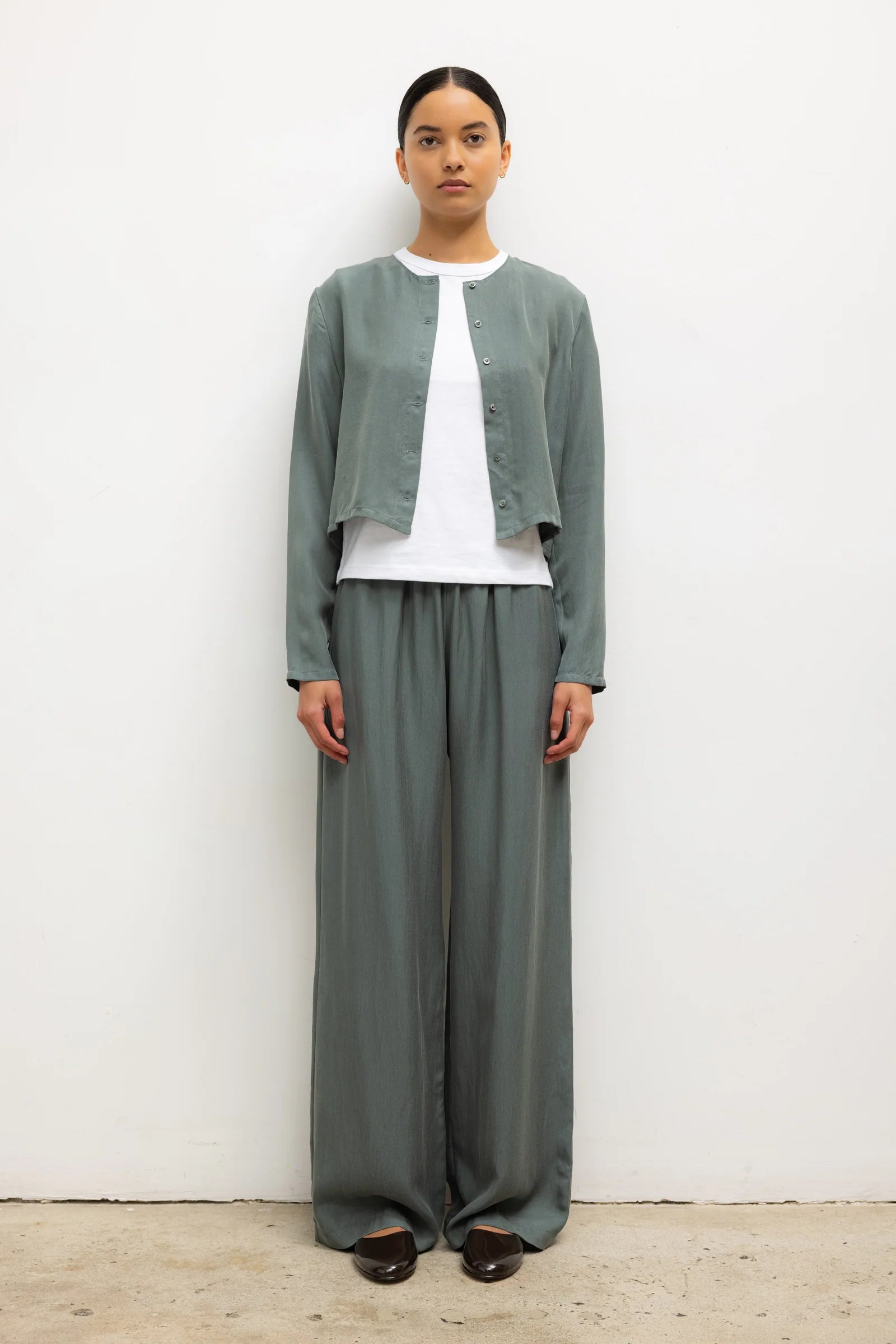 LESET Kim Cardigan and Kim Pocket Pant in Eucalyptus, styled as a tonal Tencel blend set over a white crewneck tee.