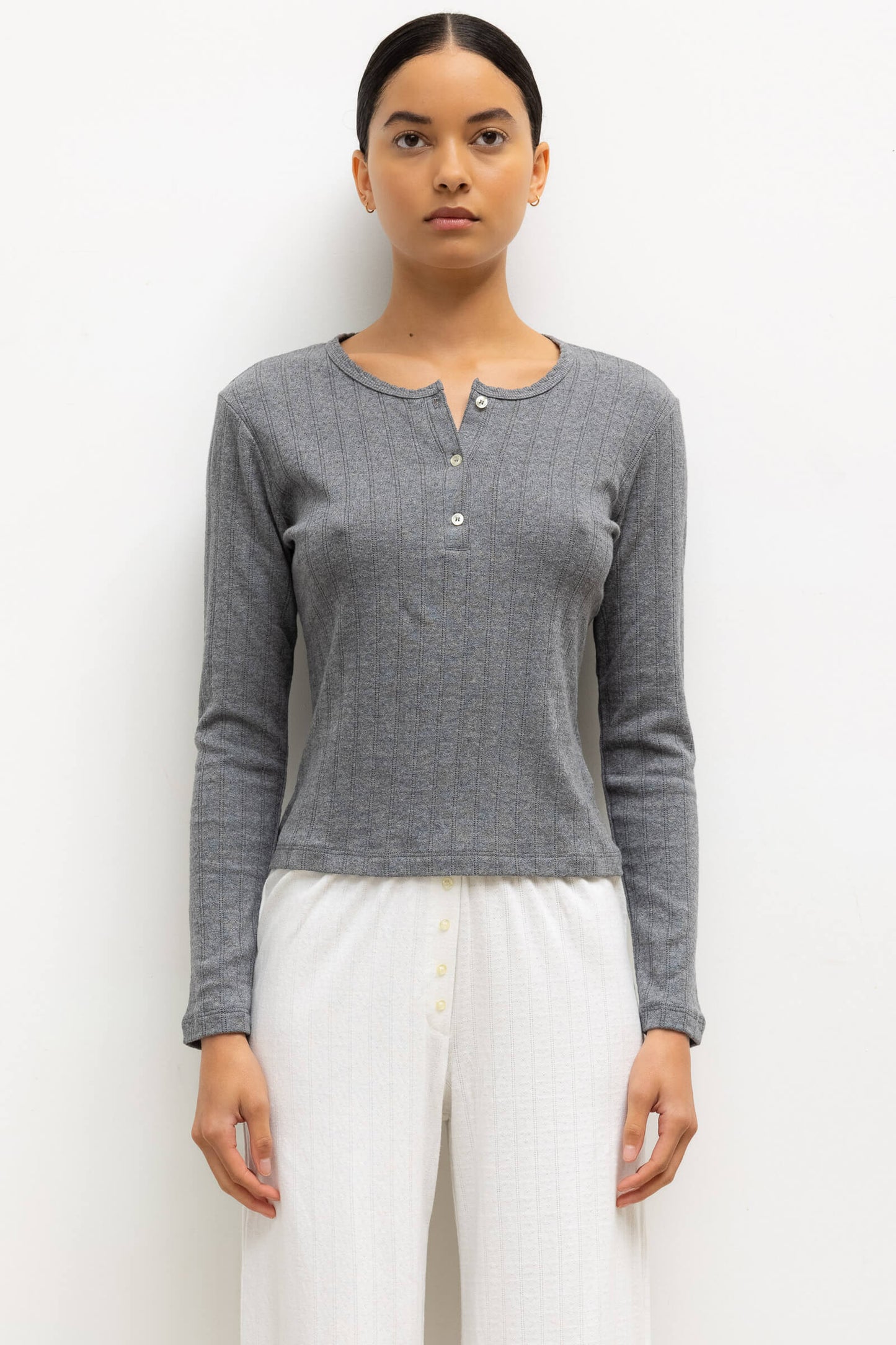 Leset - Pointelle long sleeve henley in granite