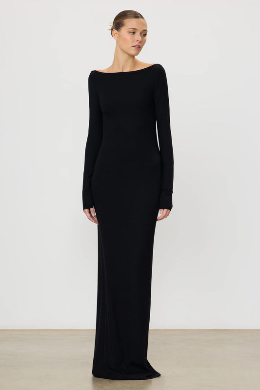 Eterne - Long Sleeve Boatneck Maxi Dress in Black