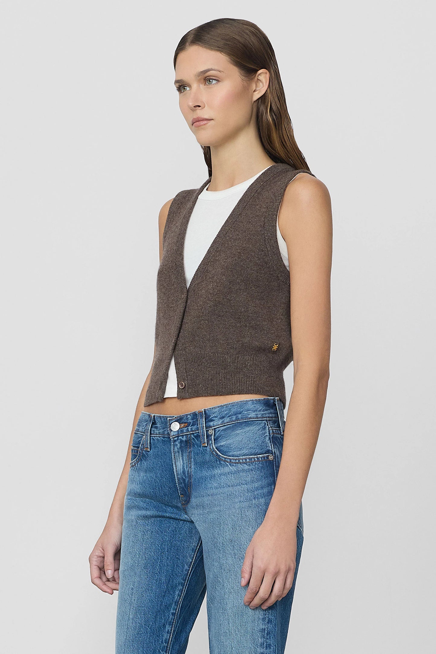 The Leroy Vest is crafted from ultra-luxe cashmere, offering a slim fit and cropped length—an elevated essential for everyday wear.