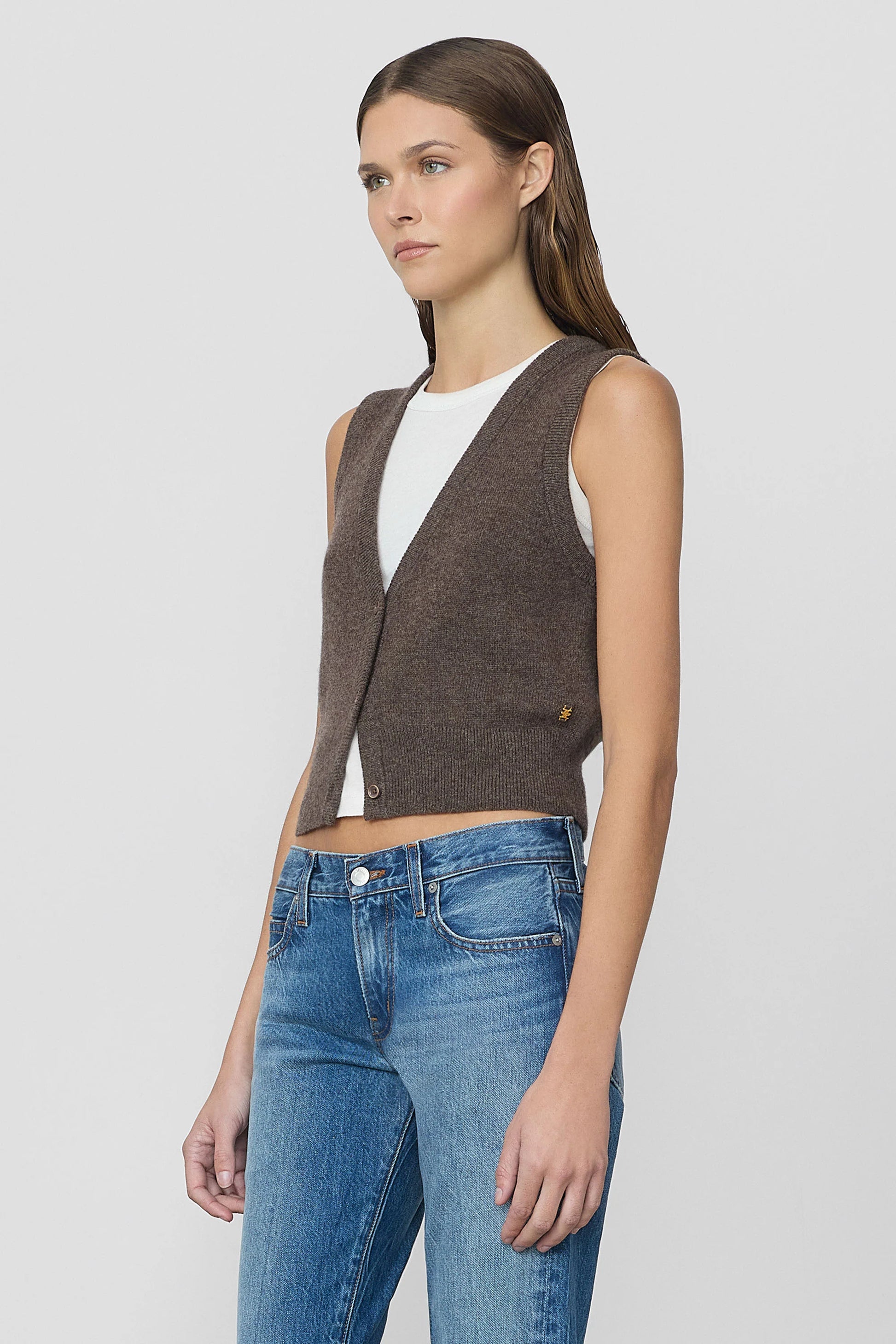 The Leroy Vest is crafted from ultra-luxe cashmere, offering a slim fit and cropped length—an elevated essential for everyday wear.
