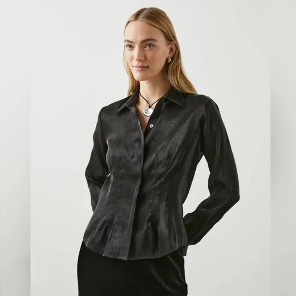 Woman wearing black organza tailored button down with collar 