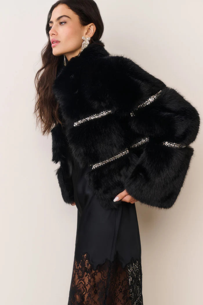 Love Shack Fancy - Manby Embellished Faux Fur Jacket in black