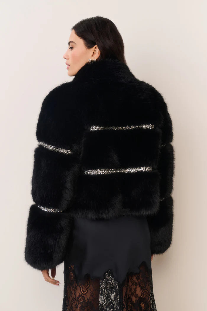 Love Shack Fancy - Manby Embellished Faux Fur Jacket in black