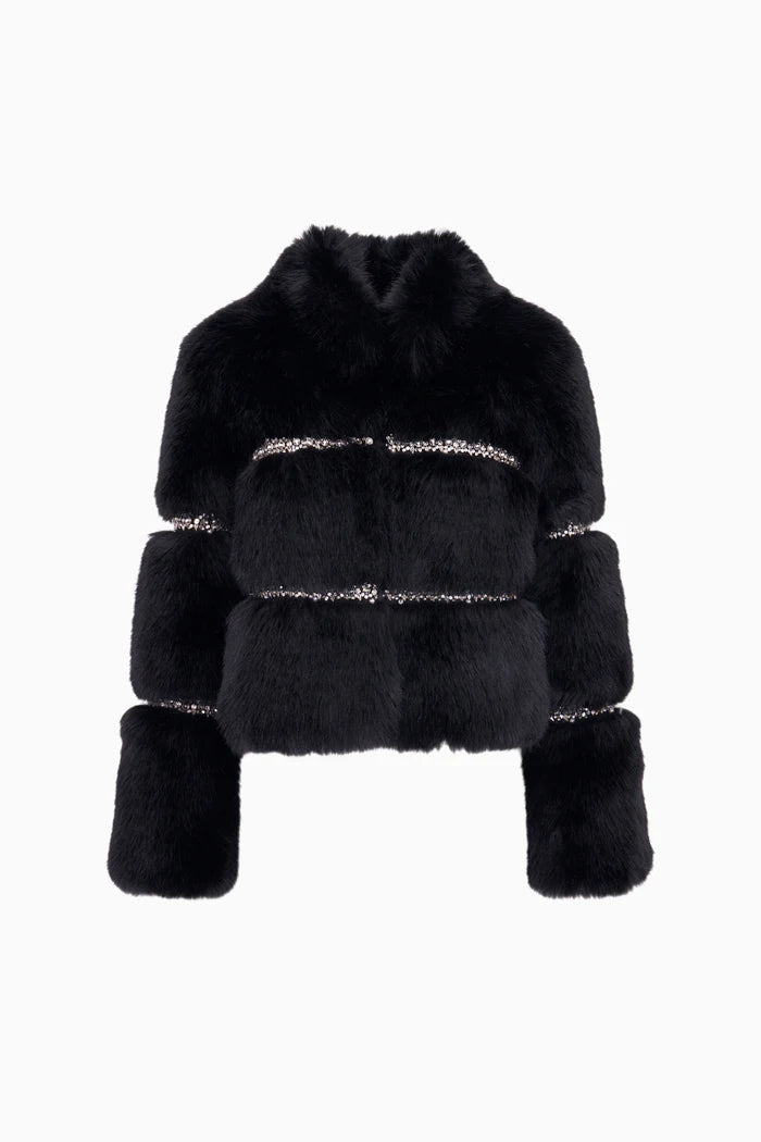Love Shack Fancy - Manby Embellished Faux Fur Jacket in black
