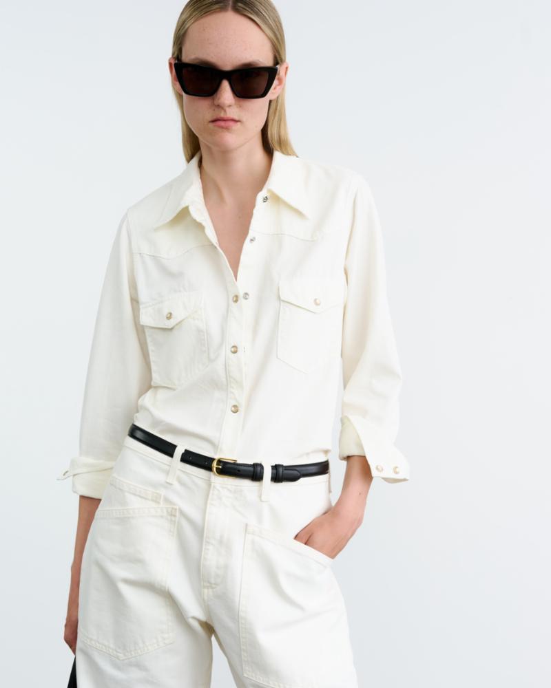 Blonde woman wearing Nili Lotan Travis Button Down in Cream