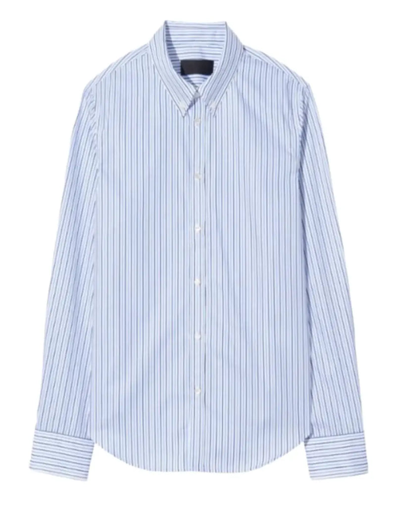 Crafted from 100% cotton, the Dyllan Shrunken Shirt showcases a blue stripe design and a button-down collar. It features long sleeves with button cuffs, a shirttail hem, and a button-front closure.