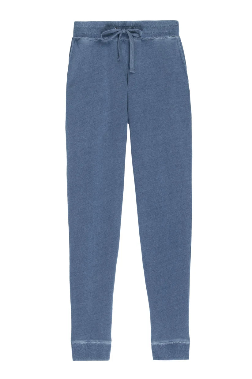 Photo of blue jogger sweats agains a white background