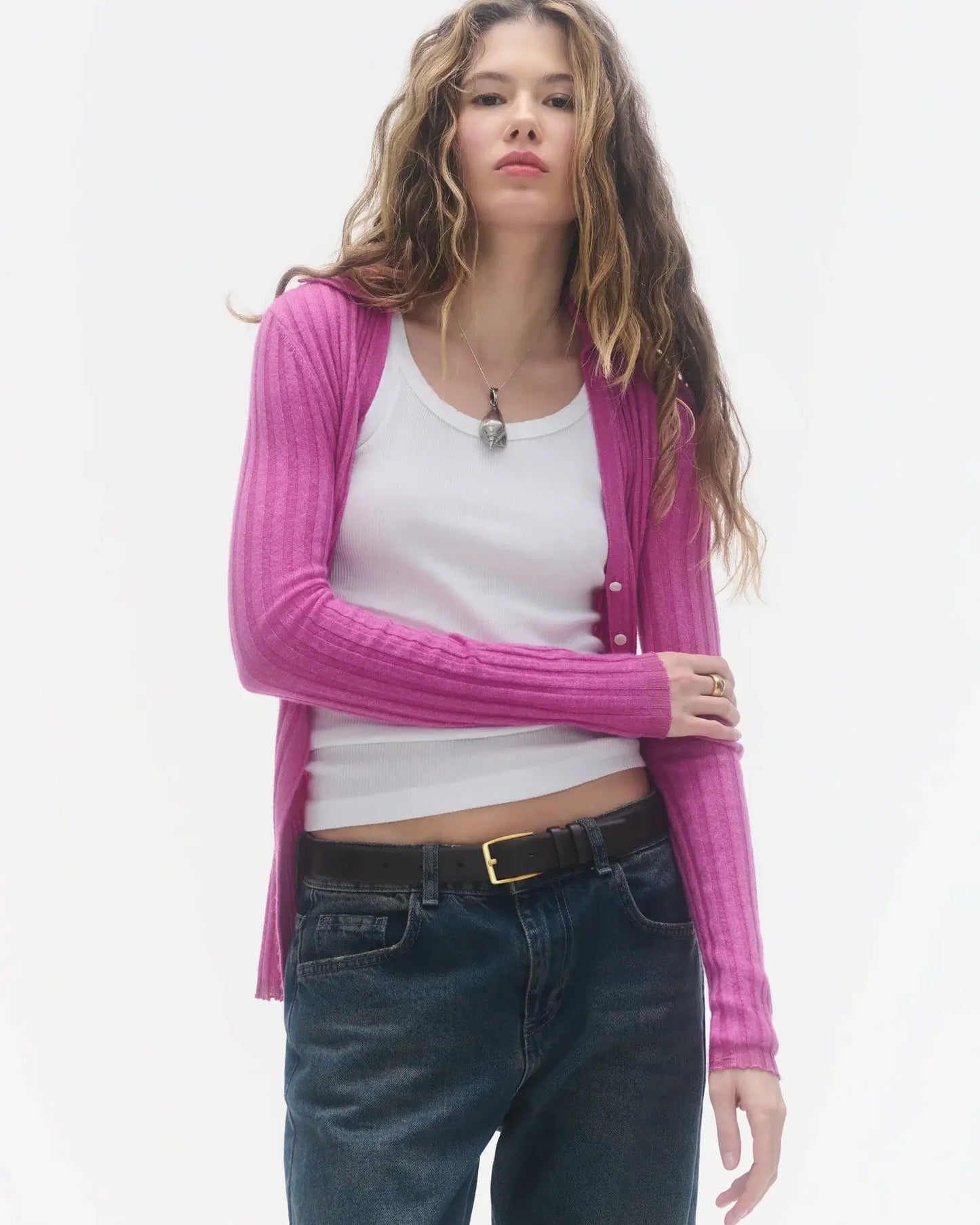 Guest In Residence - Rib Button Cardigan in Fuschia