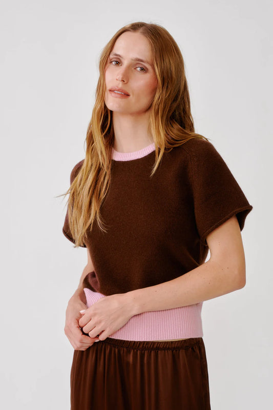 woman wearing brown color block short sleeve sweater with pink waist