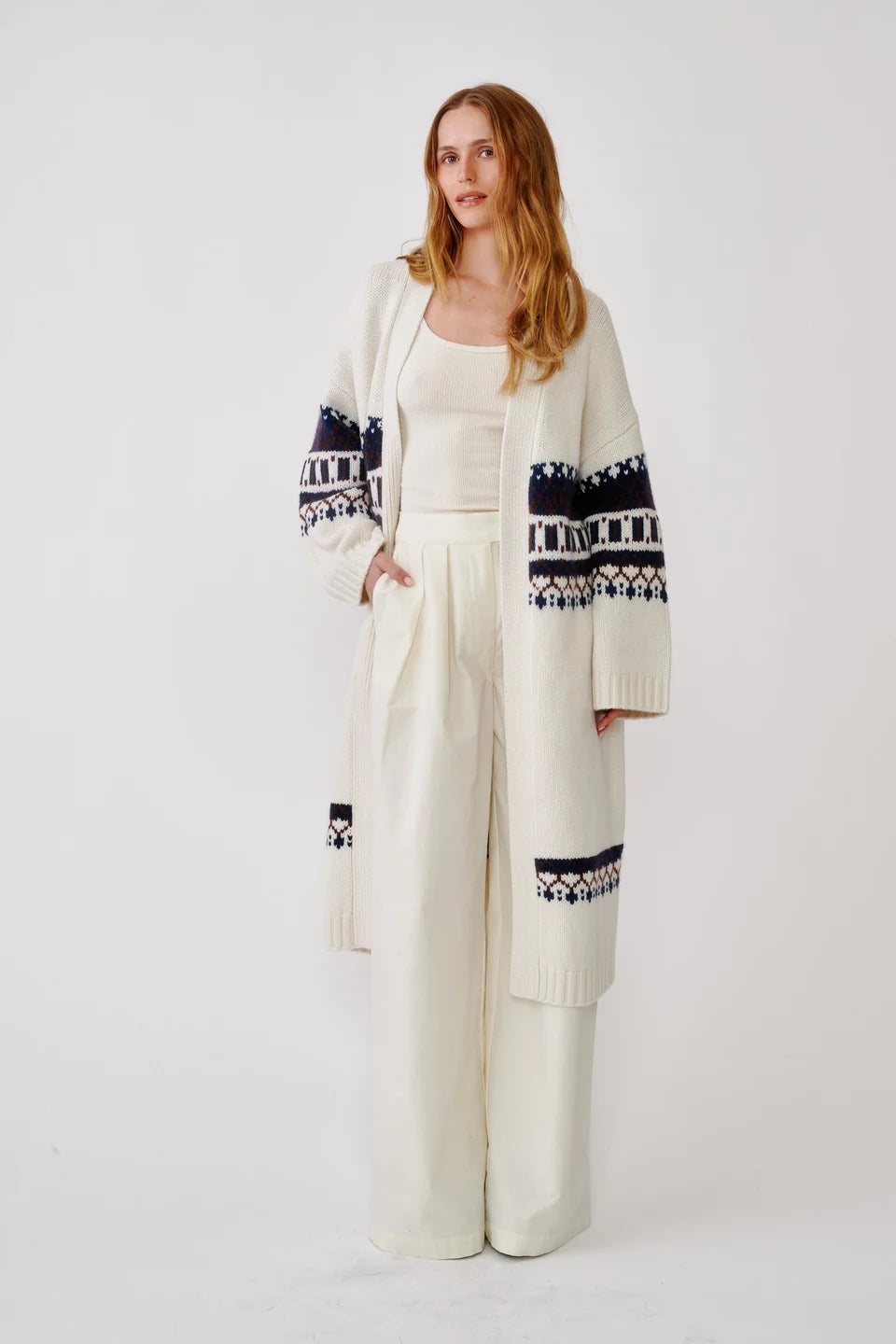 Sablyn - Cedare slouchy fairisle duster in Gardenia Fairisle
