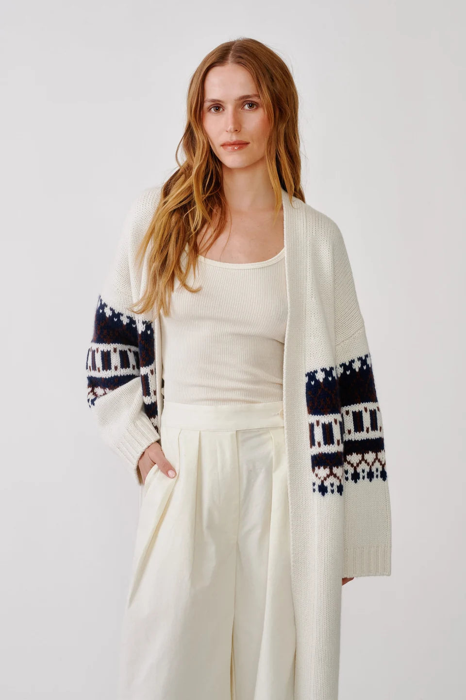 Sablyn - Cedare slouchy fairisle duster in Gardenia Fairisle