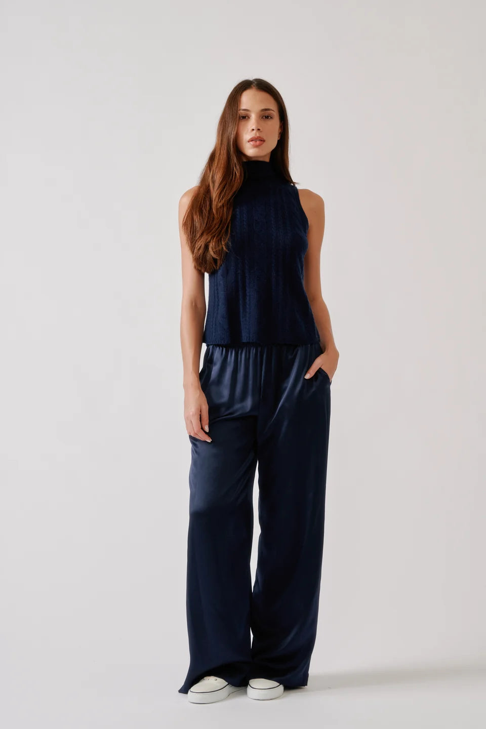 Sablyn - Salvia Sleeveless Cable turtle neck sweater in Midnight Navy