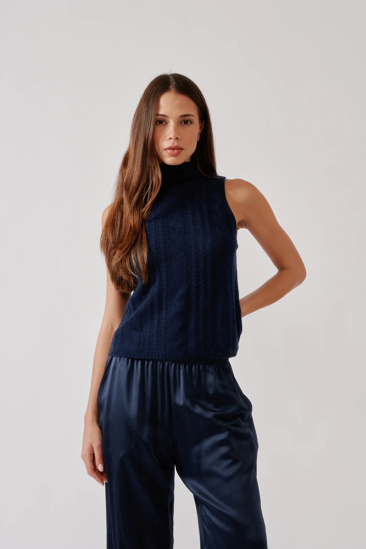 Sablyn - Salvia Sleeveless Cable turtle neck sweater in Midnight Navy