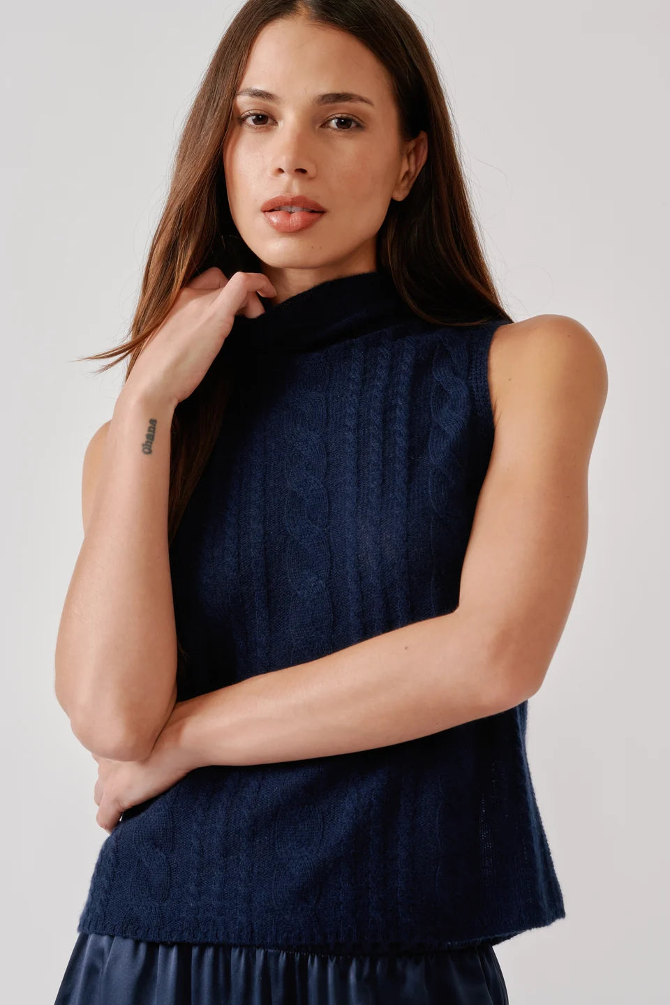 Sablyn - Salvia Sleeveless Cable turtle neck sweater in Midnight Navy