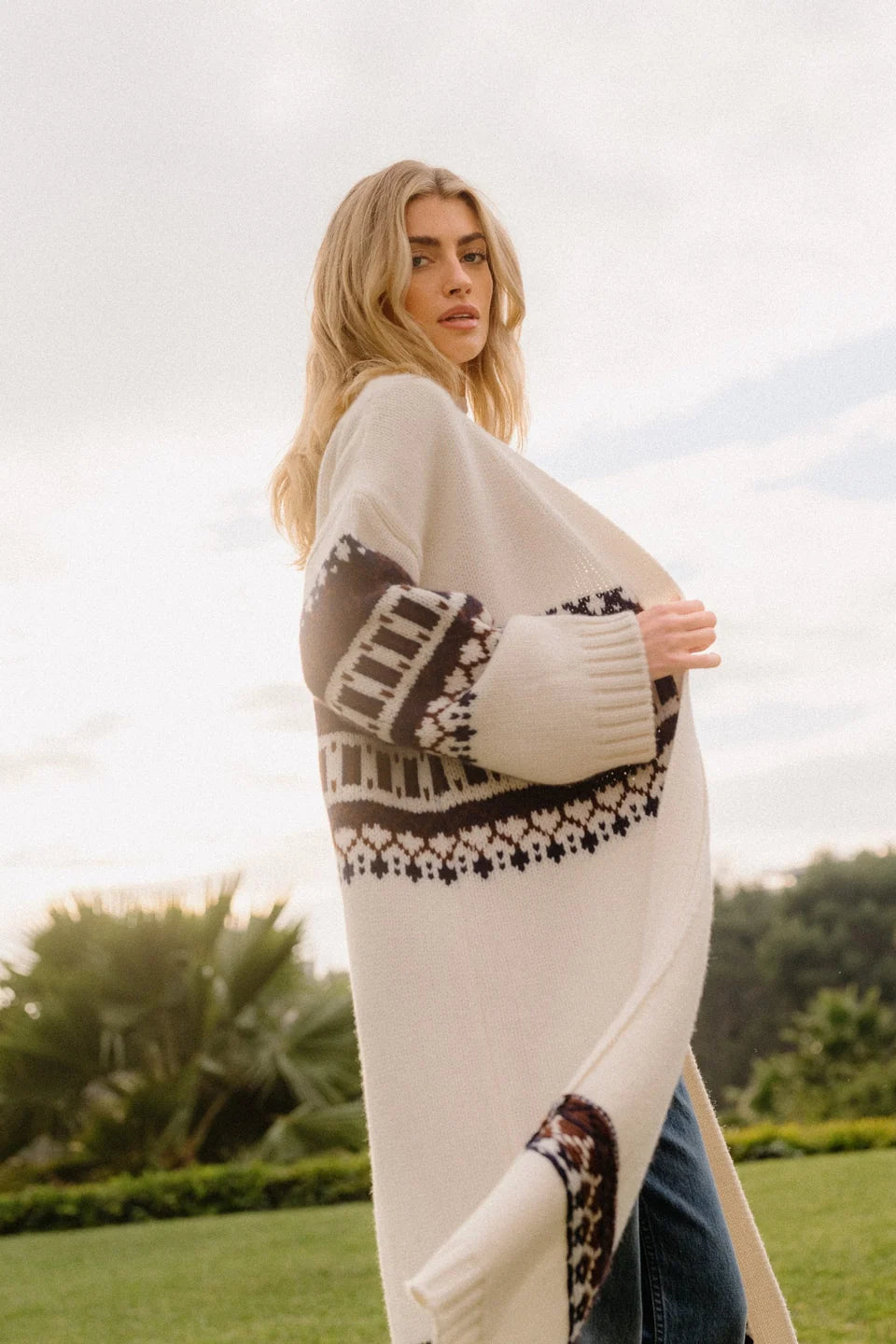 Sablyn - Cedare slouchy fairisle duster in Gardenia Fairisle