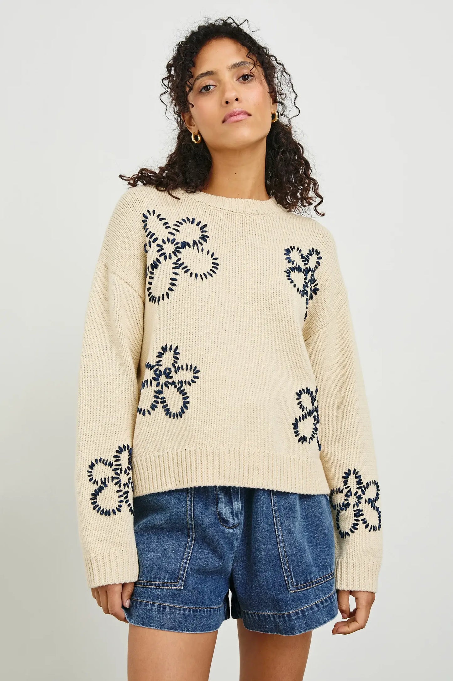 Rails - Zoey Sweater in Ivory Navy Stitched Daisies