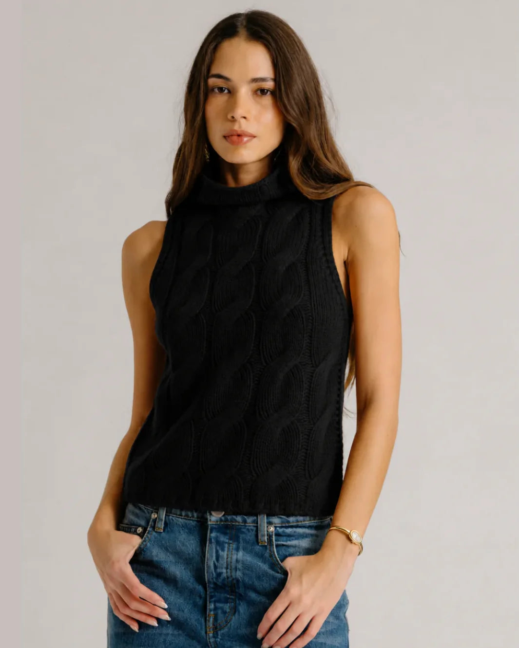Sablyn - Salvia Sleeveless Cable turtle neck sweater in black