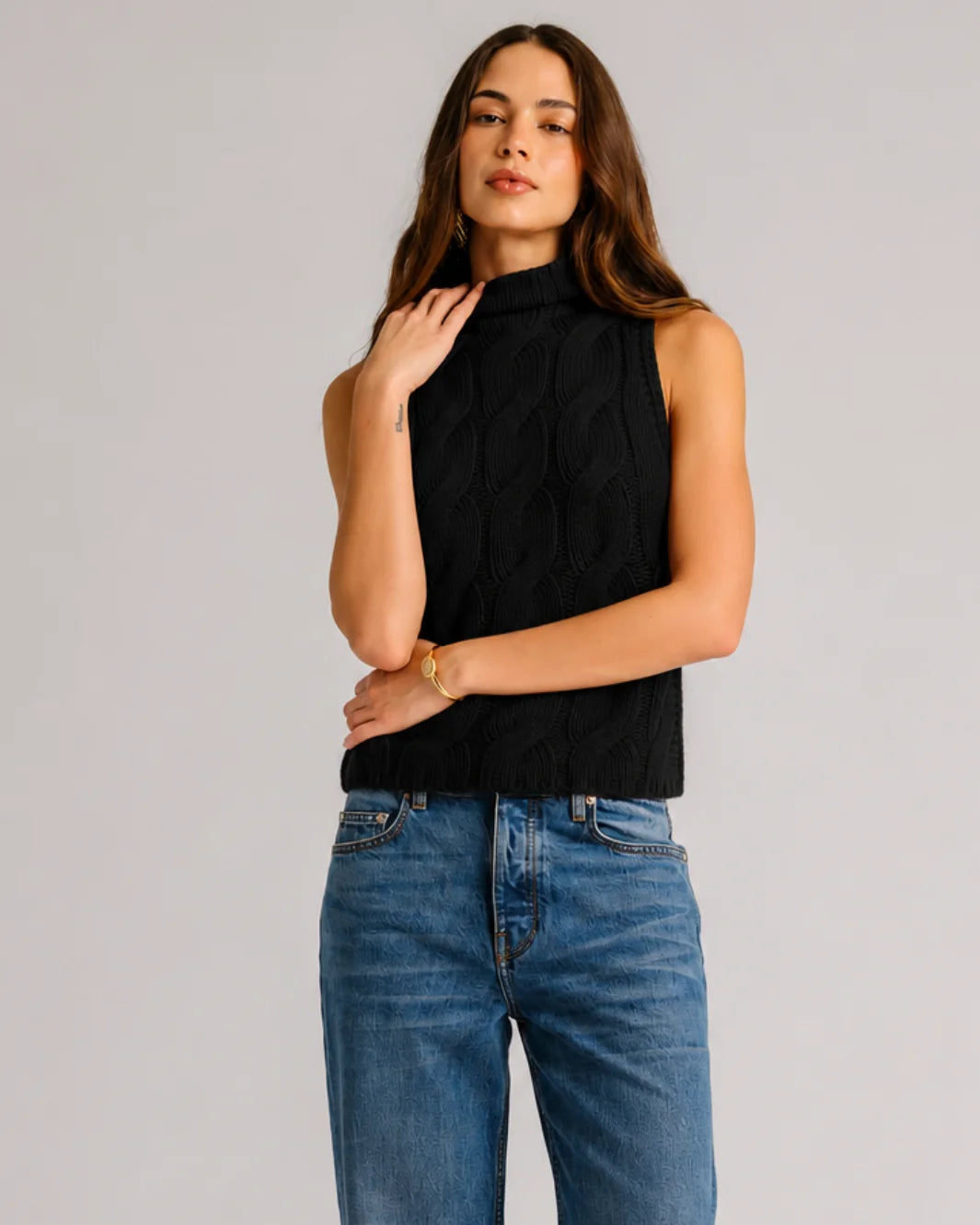 Sablyn - Salvia Sleeveless Cable turtle neck sweater in black