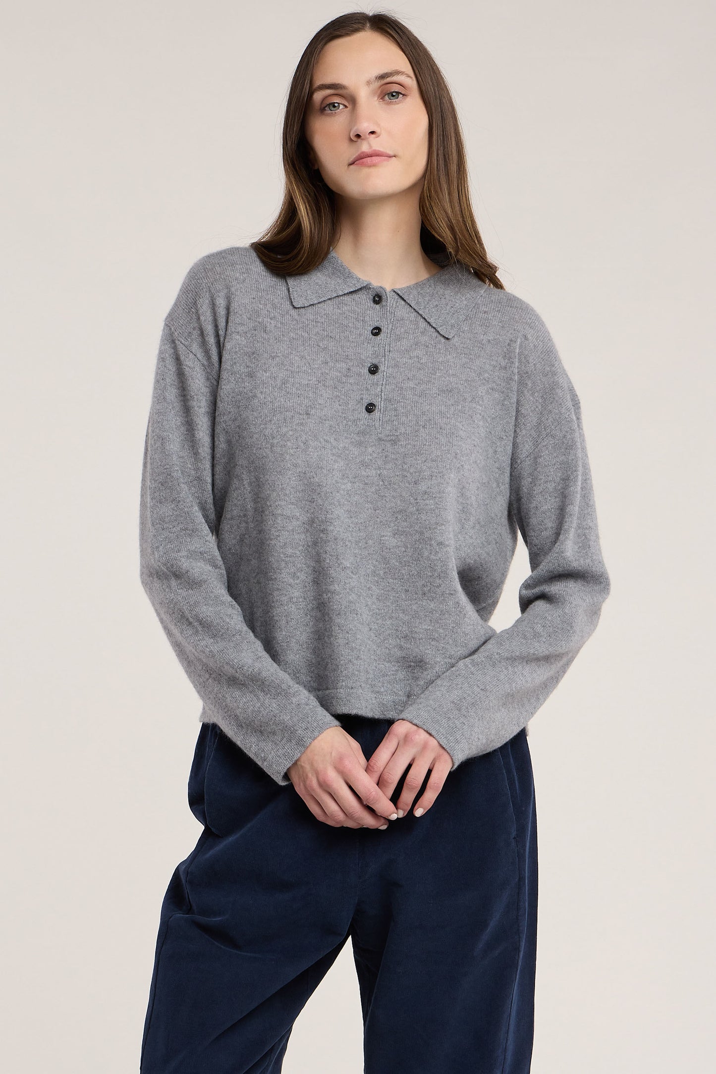 Velvet - Marvel Long Sleeve Polo in Heather Grey