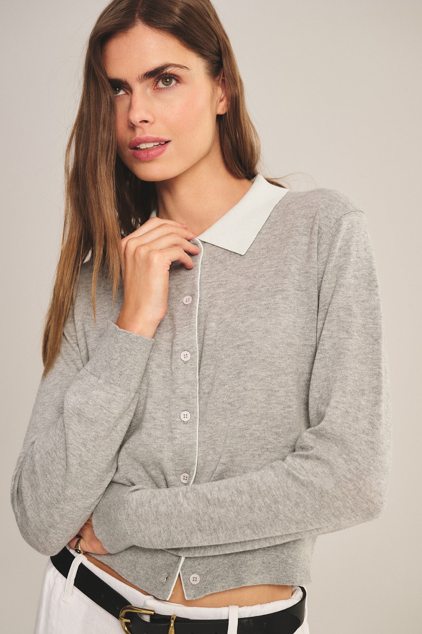 Velvet - Riven L/S Collar top in heather grey