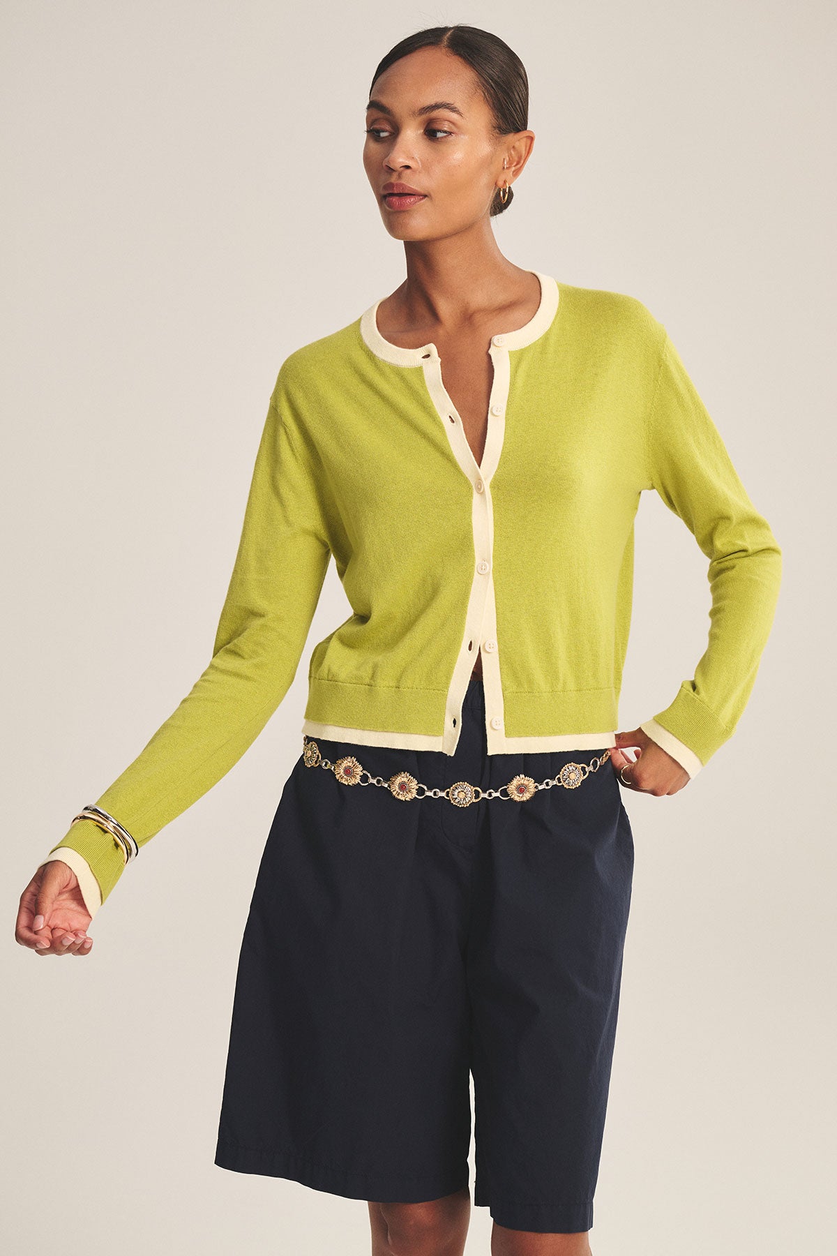 Velvet - Saylor L/S  crew Cardigan in Lime