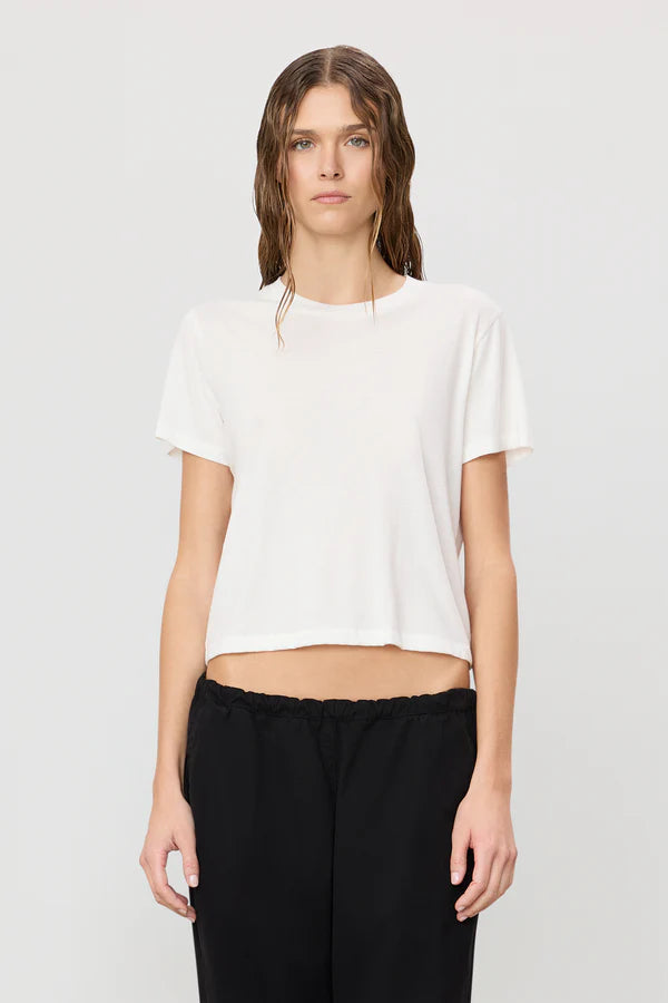 woman wearing boxy tee in ivory