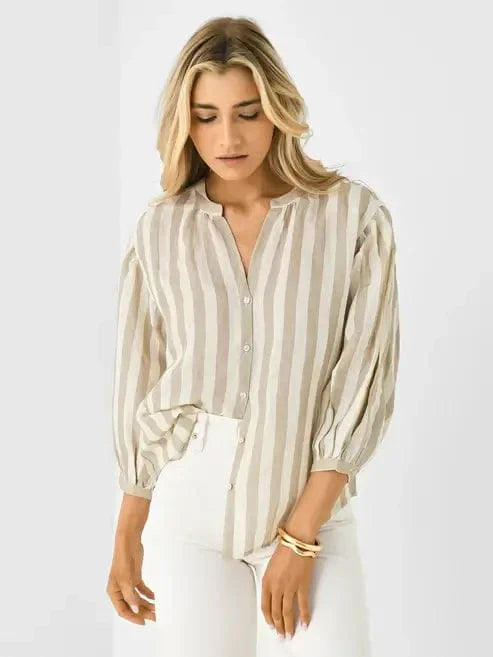 Velvet Sweaters Velvet - Gabby Striped Linen Top in Khaki