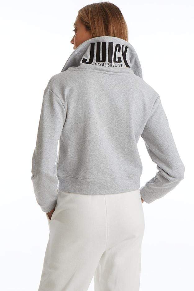Back view of Juicy Couture High Collar Half Zip top in Grey on model showing "JUICY" written across collar