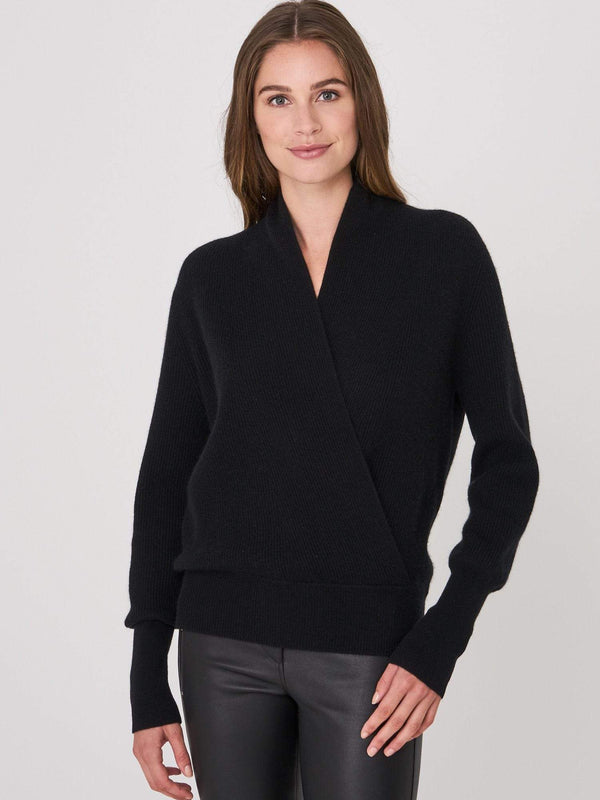 repeat cashmere wrap swetaer in black front view