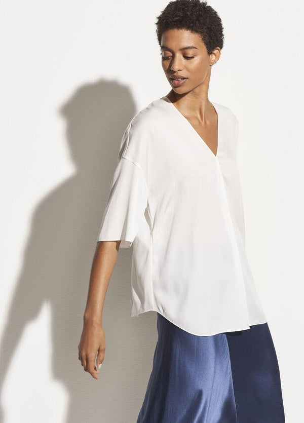 Vince Satin V-Neck Popover in Optic White